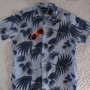 100% LINEN-MENS TROPICAL BLUE BUTTON DOWN-LUAU-BEACH-PARTY-SHIRT-LG--BANANA REP